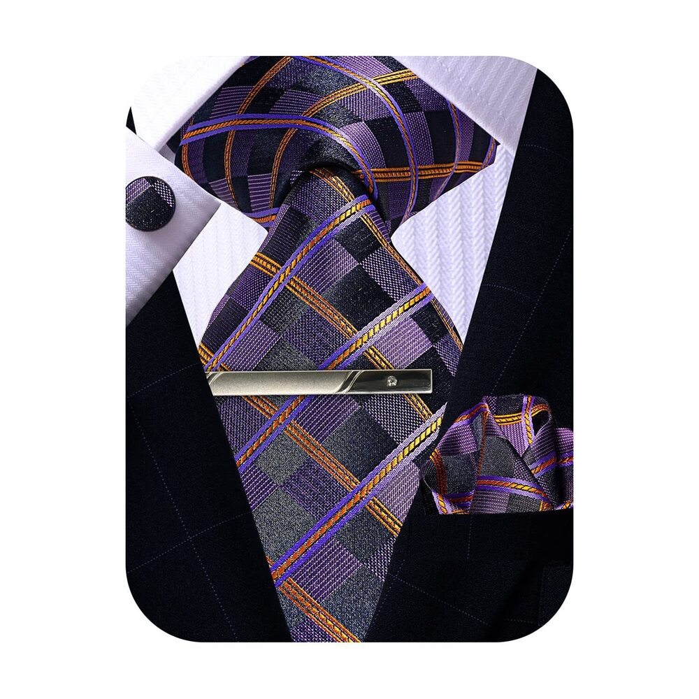 2080 Purple Tie and Pocket Square Set, Silk Plaid Tie Handkerchief